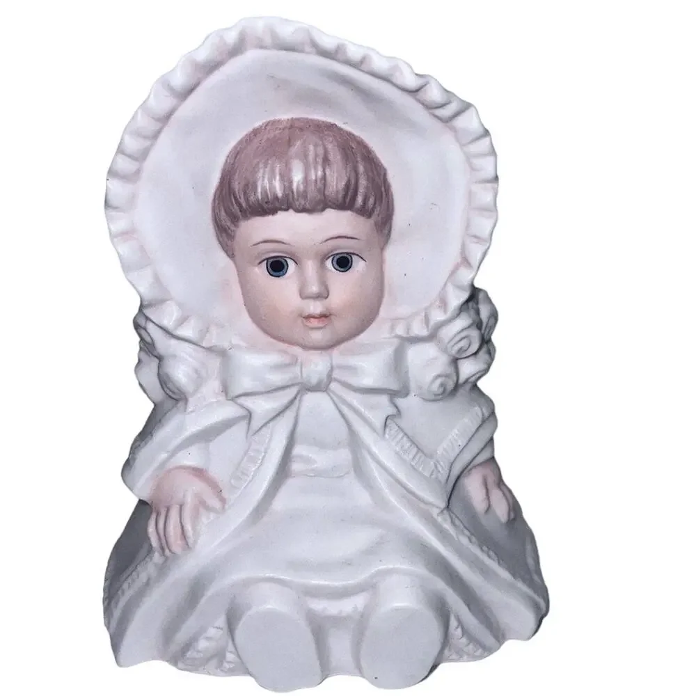 Baby Doll in Bonnet Vase Planter - White & Pink, Made in Mexico, 6” Vintage